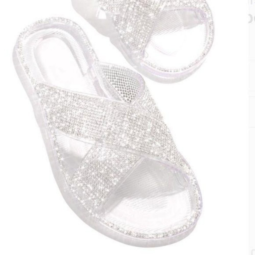 Nude Embellished Criss Cross Jelly Slides - Picture 5 of 7